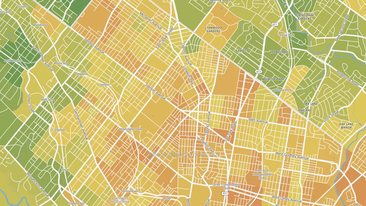 Map of the best neighborhoods in the 19138 area, with better matches in green and worse matches in red