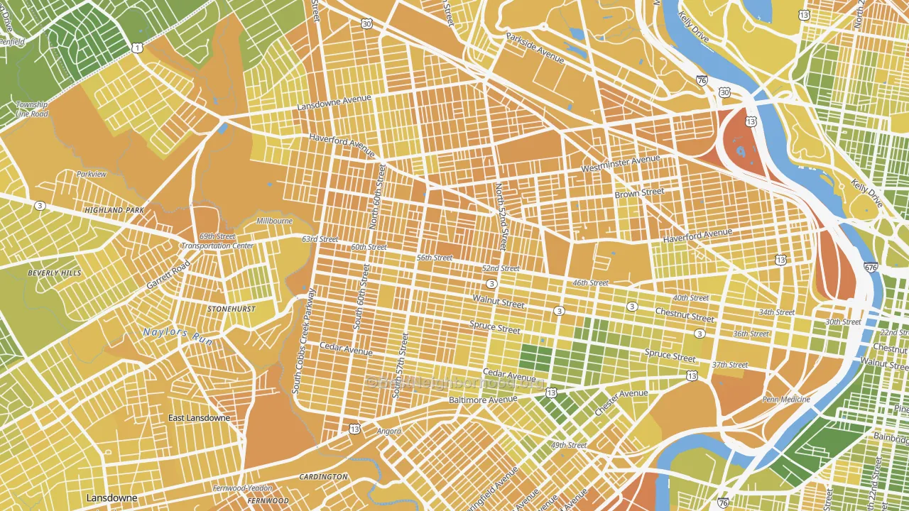 Map of the best neighborhoods in the 19139 area, with better matches in green and worse matches in red