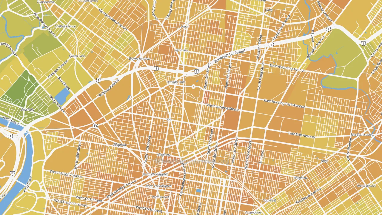 Map of the best neighborhoods in the 19140 area, with better matches in green and worse matches in red