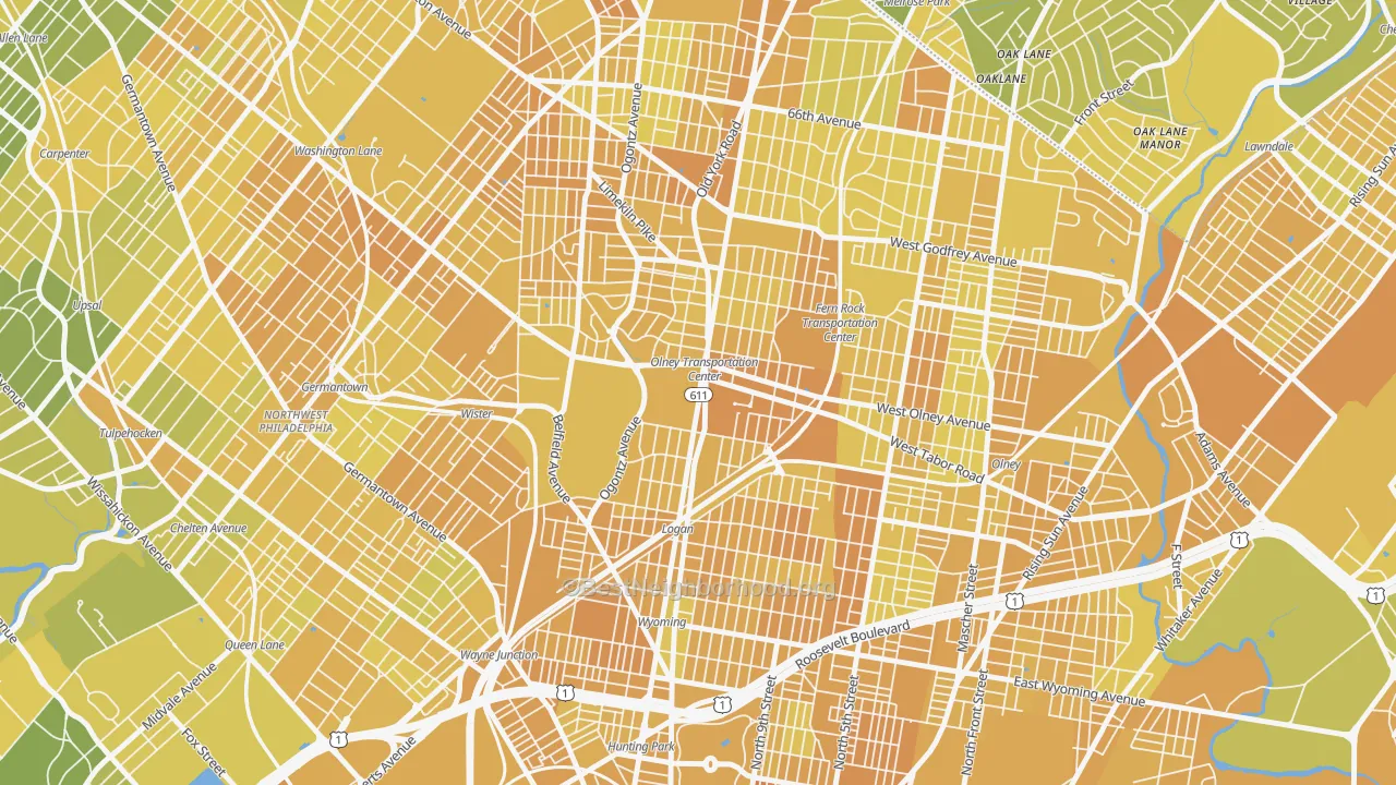 Map of the best neighborhoods in the 19141 area, with better matches in green and worse matches in red