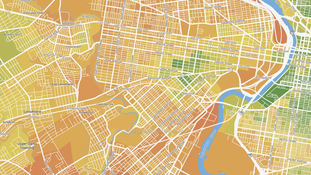 Map of the best neighborhoods in the 19143 area, with better matches in green and worse matches in red