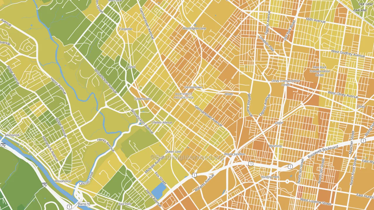 Map of the best neighborhoods in the 19144 area, with better matches in green and worse matches in red
