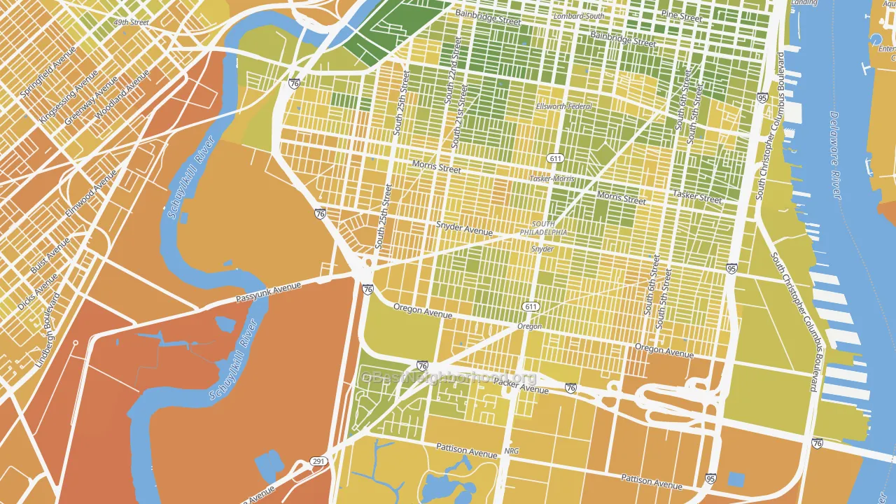 Map of the best neighborhoods in the 19145 area, with better matches in green and worse matches in red