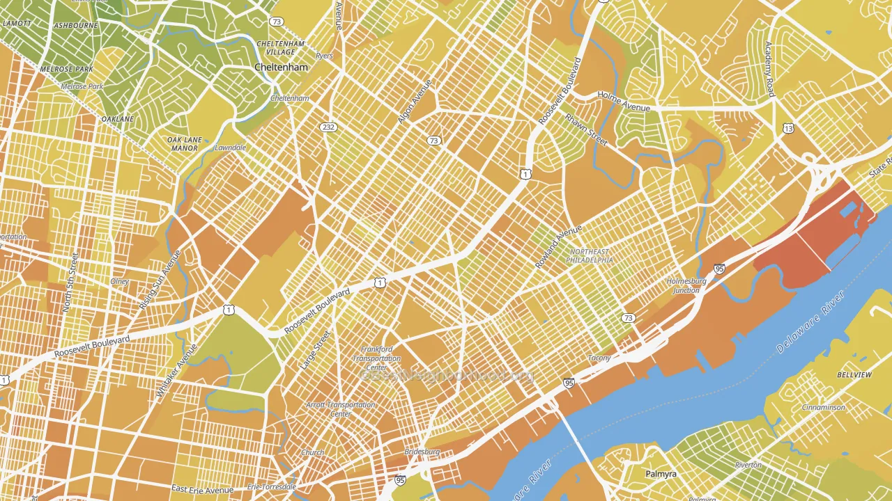 Map of the best neighborhoods in the 19149 area, with better matches in green and worse matches in red