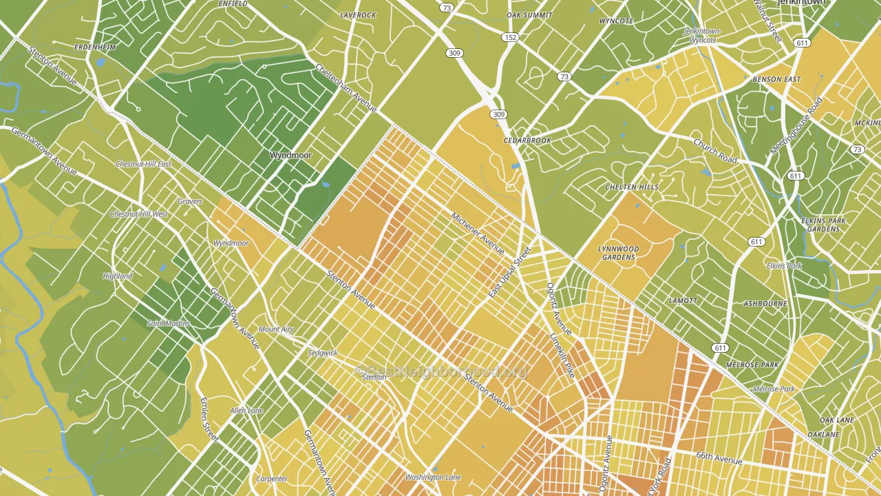 Map of the best neighborhoods in the 19150 area, with better matches in green and worse matches in red