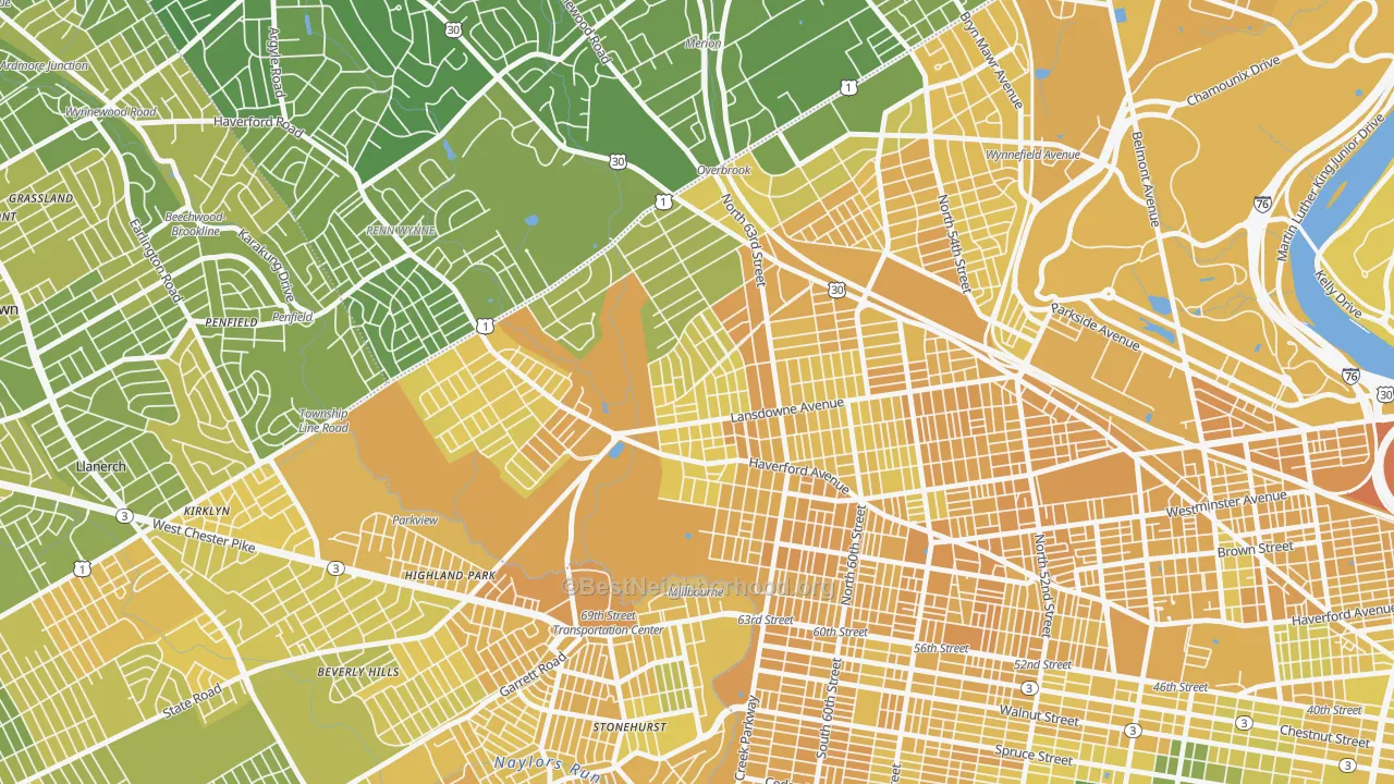 Map of the best neighborhoods in the 19151 area, with better matches in green and worse matches in red