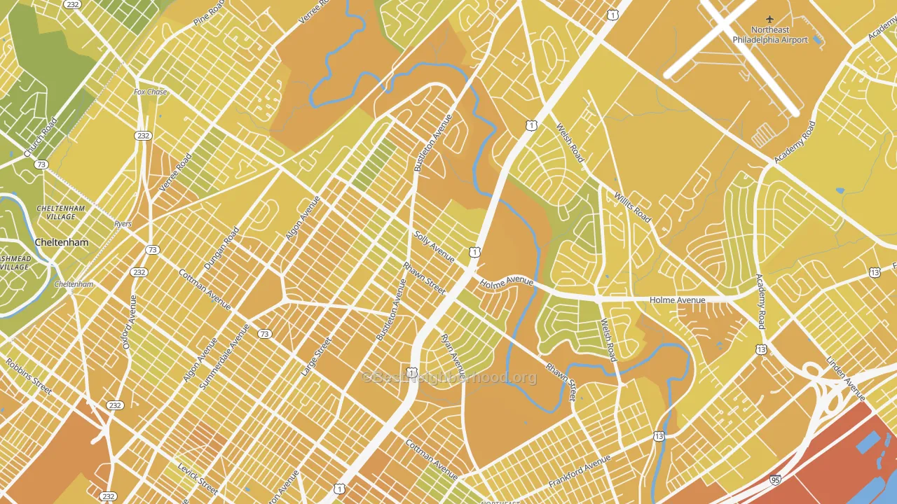 Map of the best neighborhoods in the 19152 area, with better matches in green and worse matches in red
