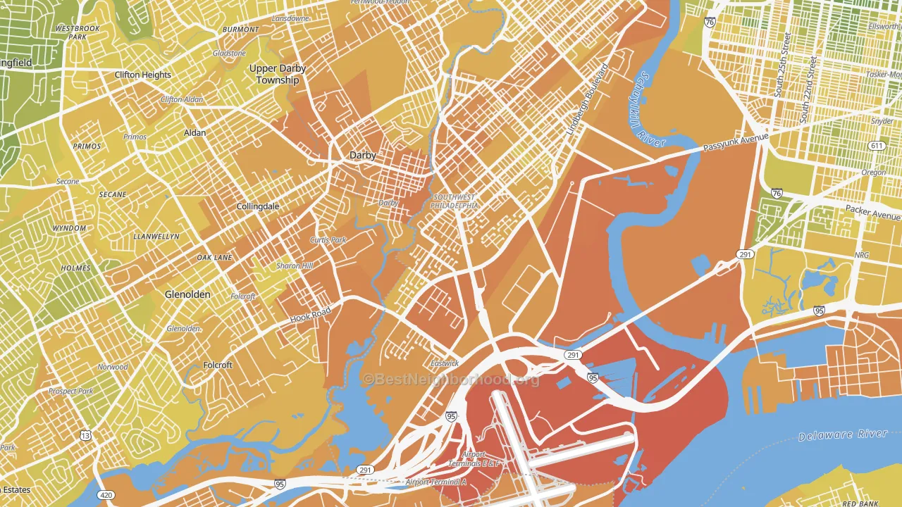 Map of the best neighborhoods in the 19153 area, with better matches in green and worse matches in red
