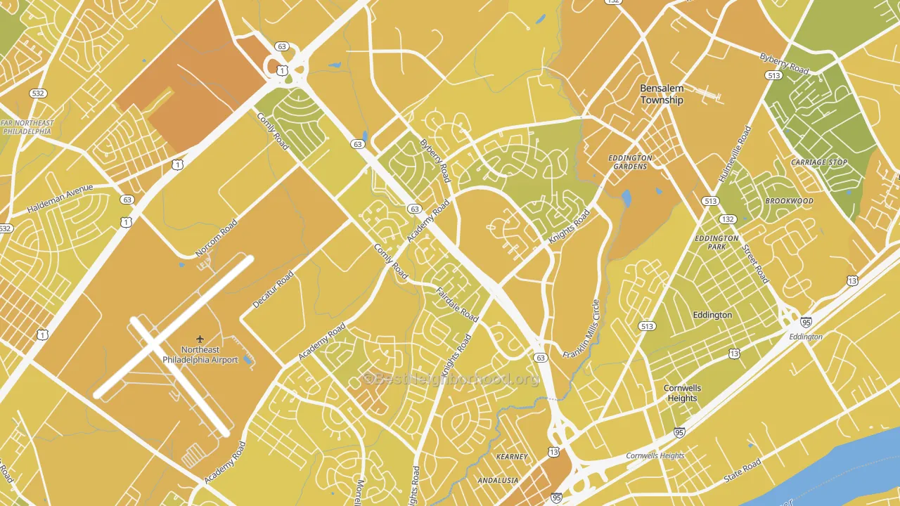Map of the best neighborhoods in the 19154 area, with better matches in green and worse matches in red