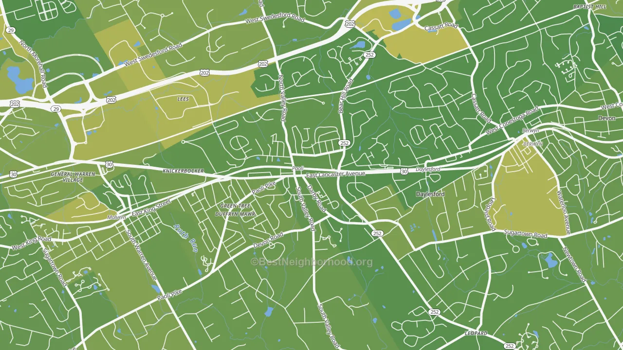 Map of the best neighborhoods in the 19301 area, with better matches in green and worse matches in red