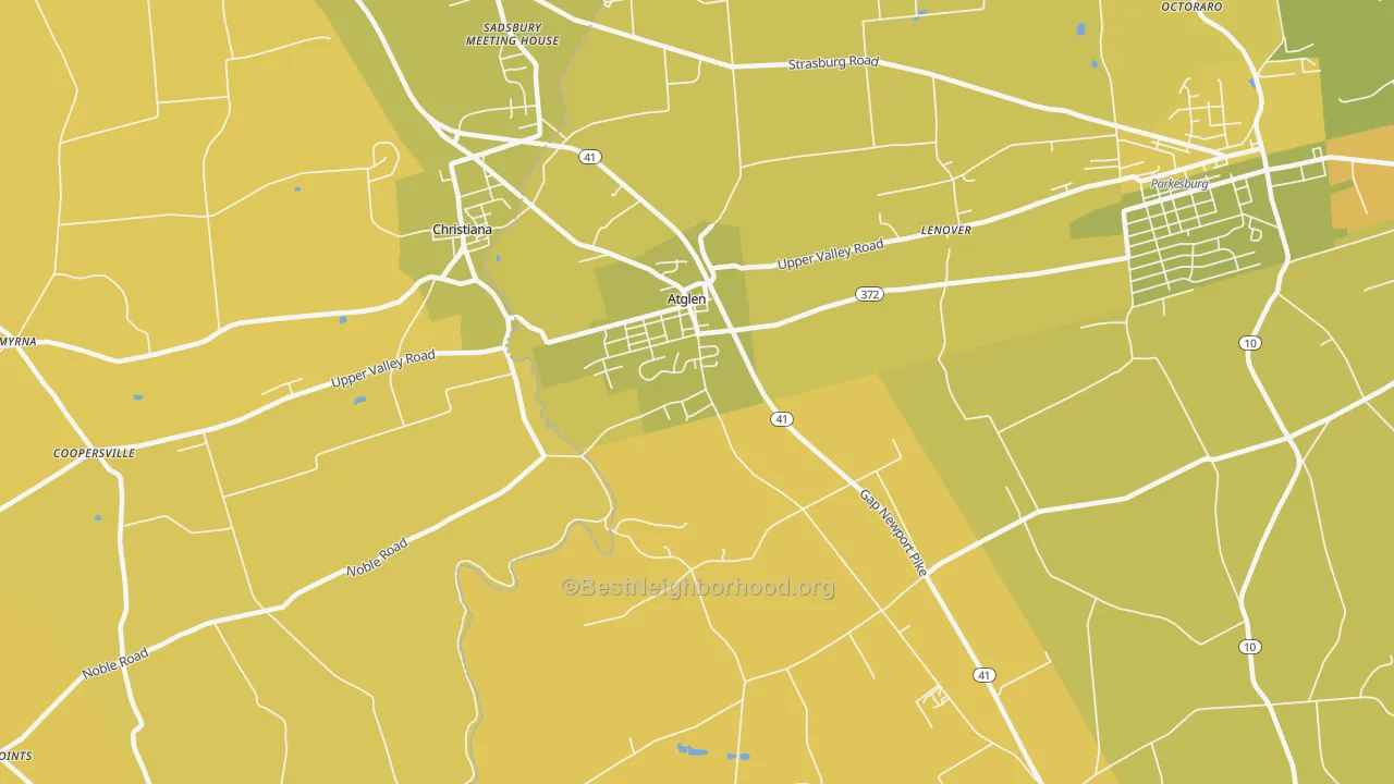 Map of the best neighborhoods in the 19310 area, with better matches in green and worse matches in red