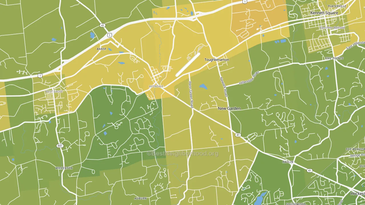Map of the best neighborhoods in the 19311 area, with better matches in green and worse matches in red