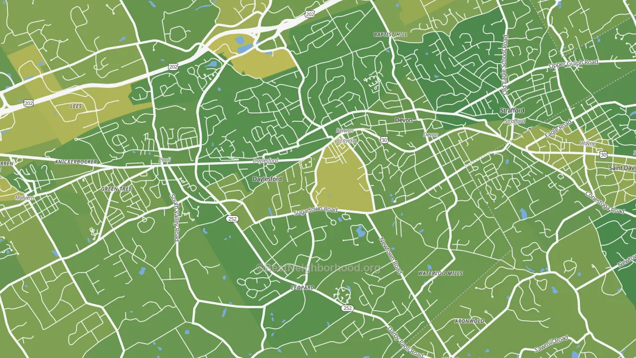 Map of the best neighborhoods in the 19312 area, with better matches in green and worse matches in red