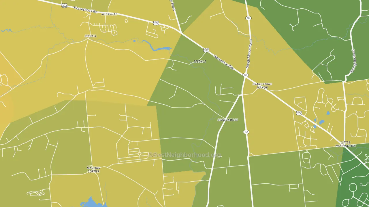Map of the best neighborhoods in the 19316 area, with better matches in green and worse matches in red