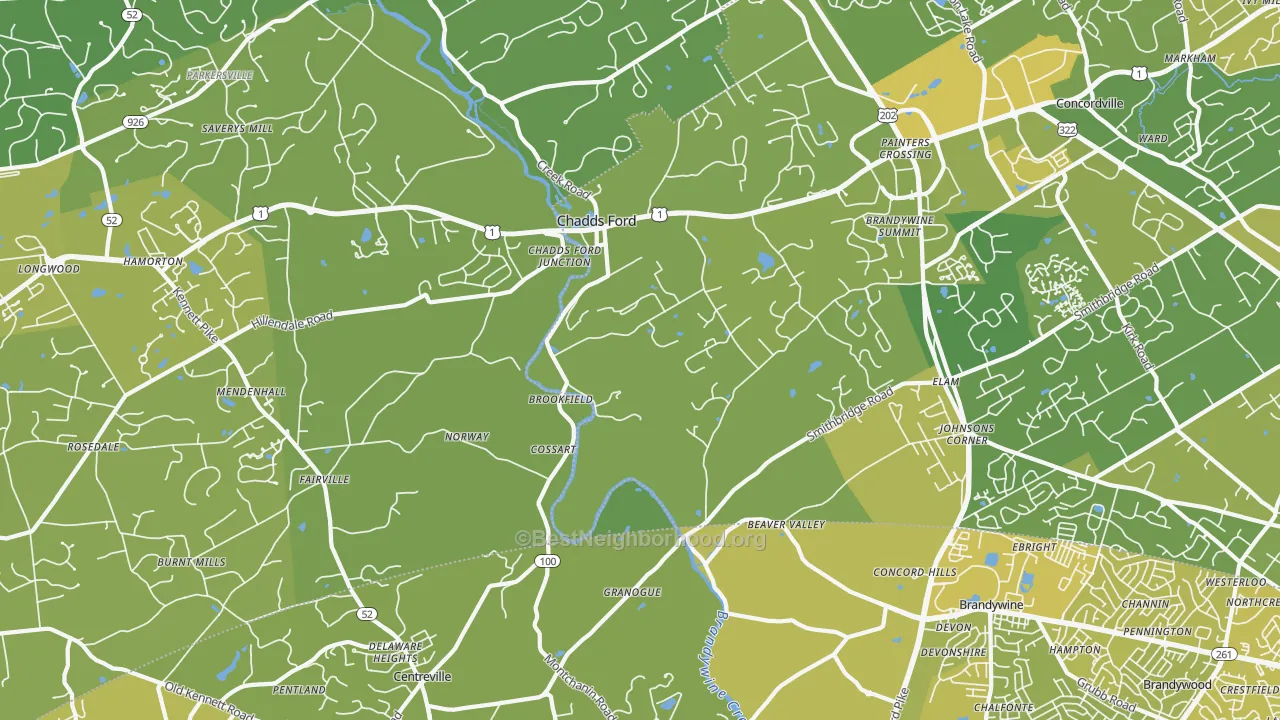 Map of the best neighborhoods in the 19317 area, with better matches in green and worse matches in red