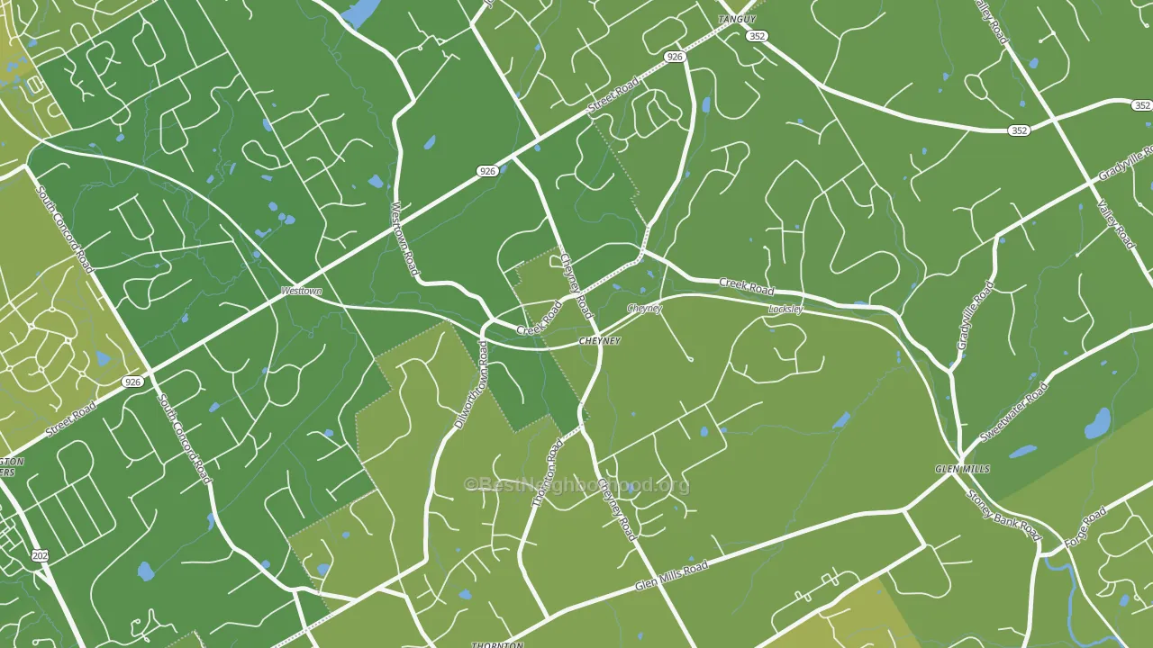 Map of the best neighborhoods in the 19319 area, with better matches in green and worse matches in red
