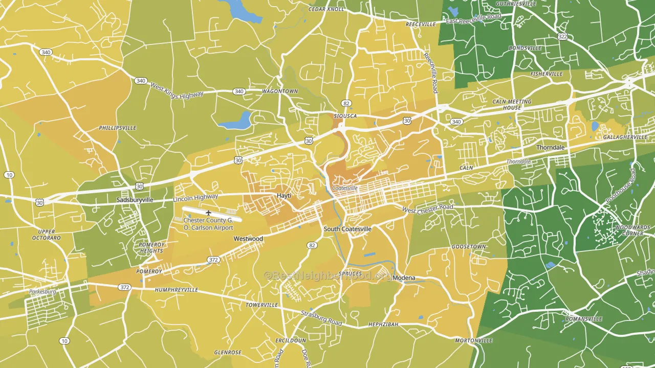 Map of the best neighborhoods in the 19320 area, with better matches in green and worse matches in red
