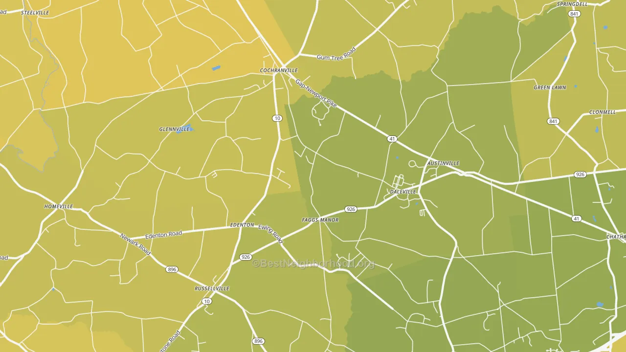 Map of the best neighborhoods in the 19330 area, with better matches in green and worse matches in red