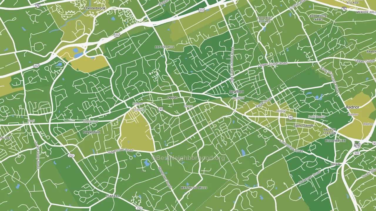 Map of the best neighborhoods in the 19333 area, with better matches in green and worse matches in red