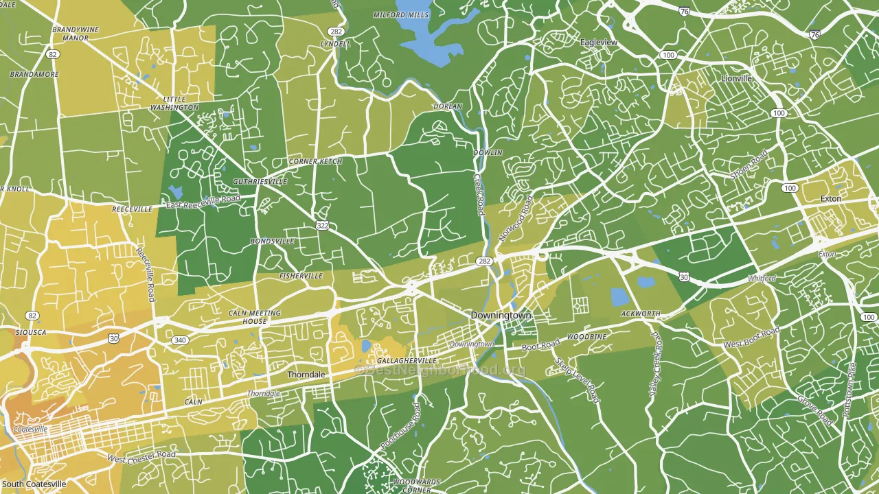 Map of the best neighborhoods in the 19335 area, with better matches in green and worse matches in red