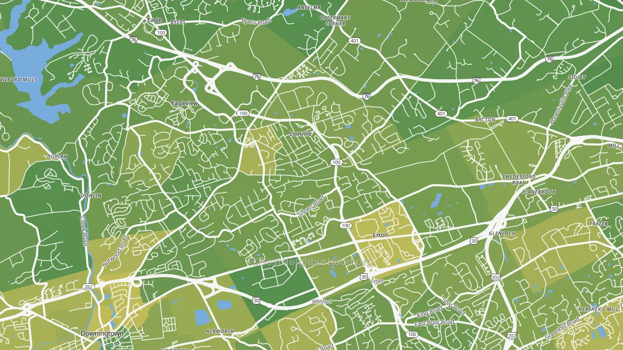 Map of the best neighborhoods in the 19341 area, with better matches in green and worse matches in red