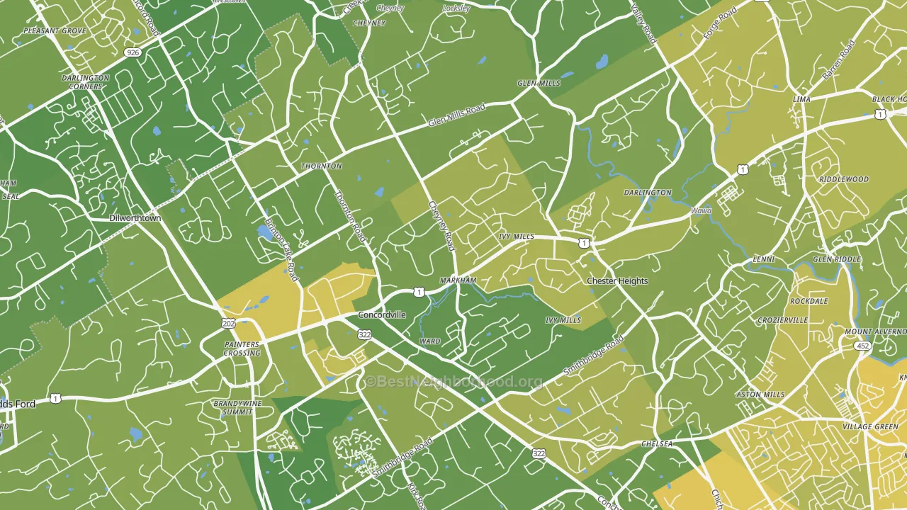 Map of the best neighborhoods in the 19342 area, with better matches in green and worse matches in red