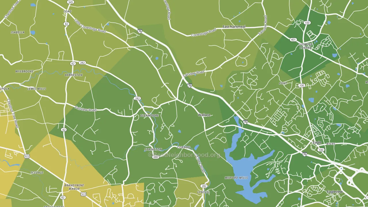 Map of the best neighborhoods in the 19343 area, with better matches in green and worse matches in red
