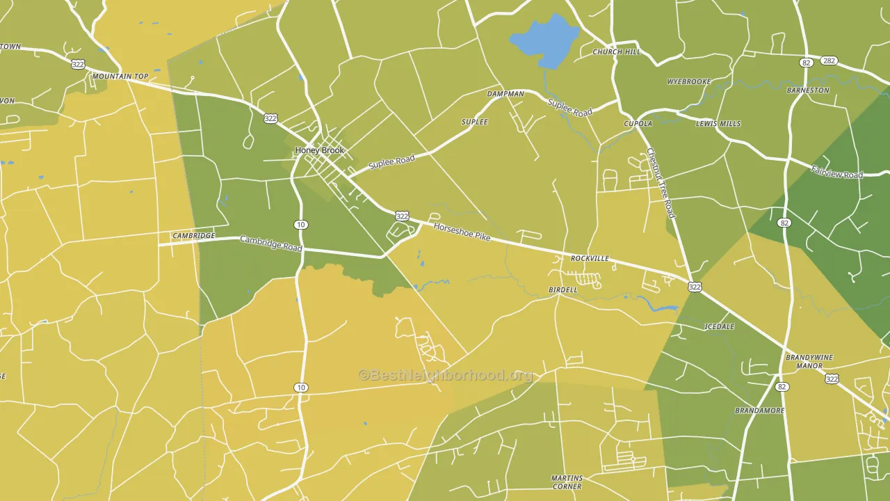 Map of the best neighborhoods in the 19344 area, with better matches in green and worse matches in red