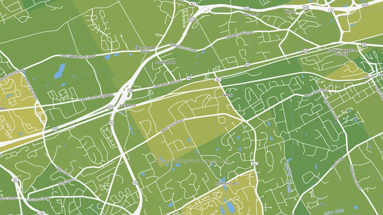 Map of the best neighborhoods in the 19345 area, with better matches in green and worse matches in red