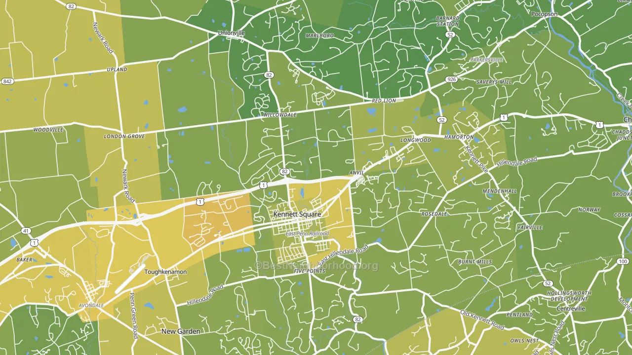 Map of the best neighborhoods in the 19348 area, with better matches in green and worse matches in red