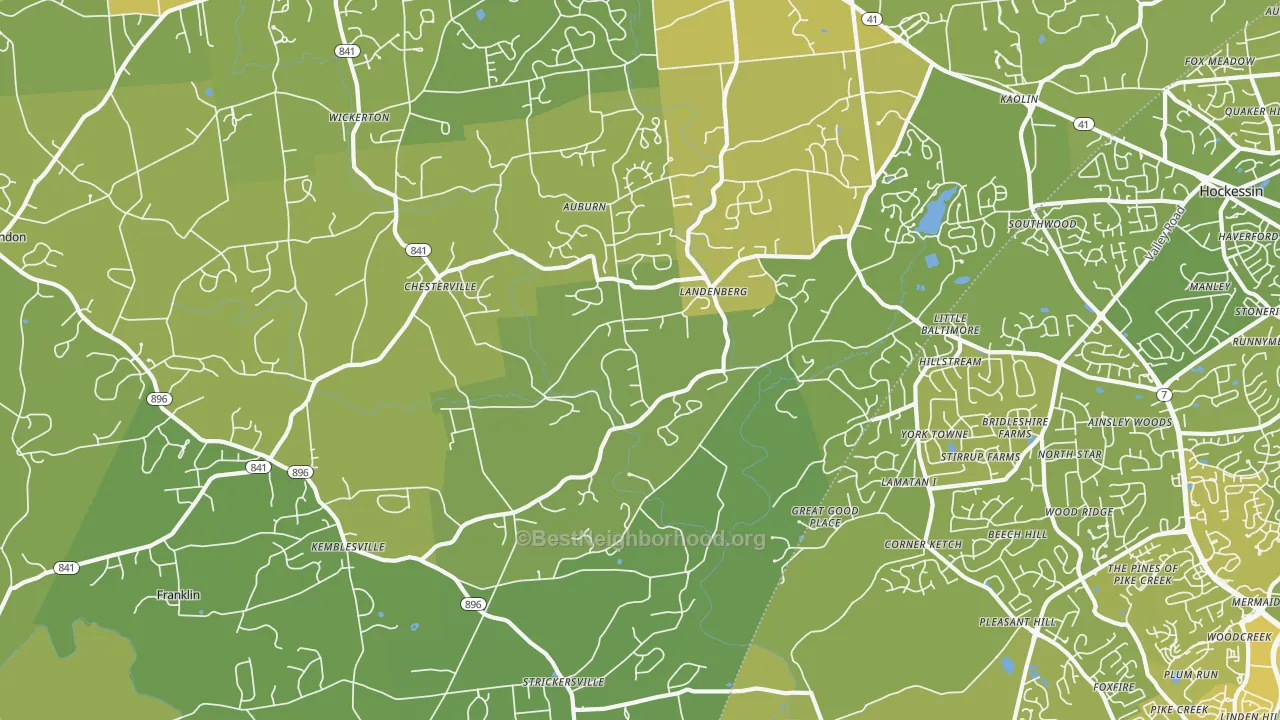 Map of the best neighborhoods in the 19350 area, with better matches in green and worse matches in red