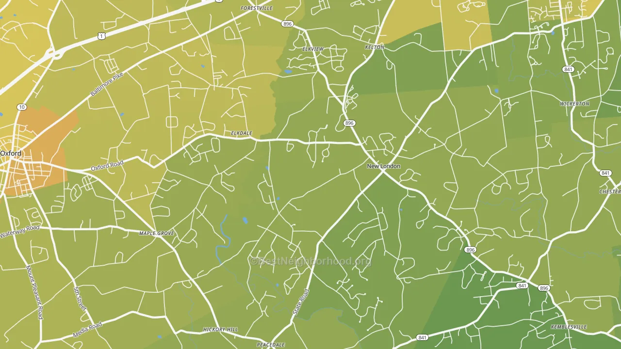 Map of the best neighborhoods in the 19352 area, with better matches in green and worse matches in red