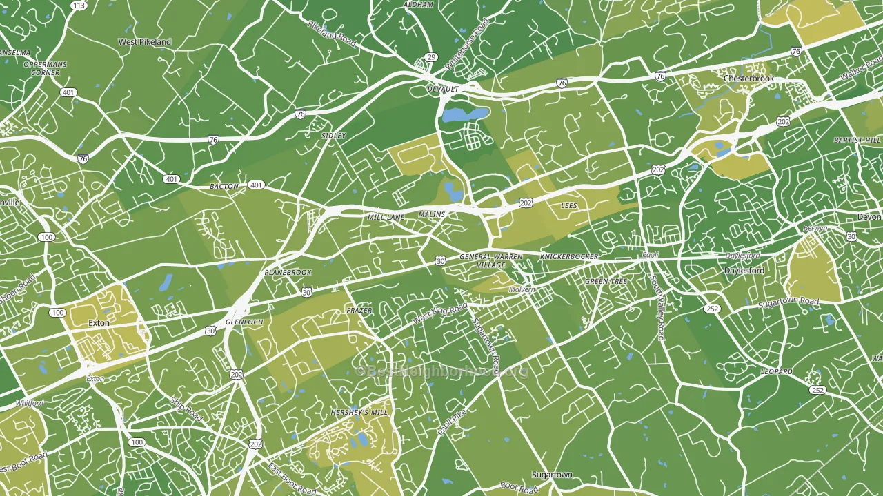 Map of the best neighborhoods in the 19355 area, with better matches in green and worse matches in red