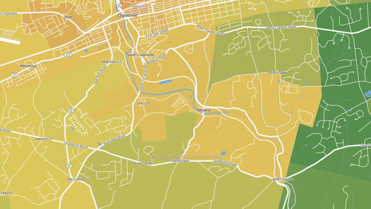 Map of the best neighborhoods in the 19358 area, with better matches in green and worse matches in red