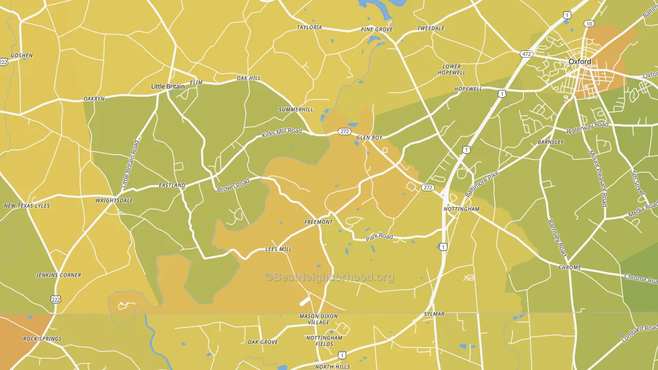 Map of the best neighborhoods in the 19362 area, with better matches in green and worse matches in red