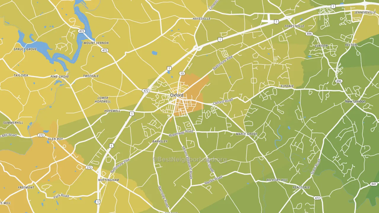 Map of the best neighborhoods in the 19363 area, with better matches in green and worse matches in red
