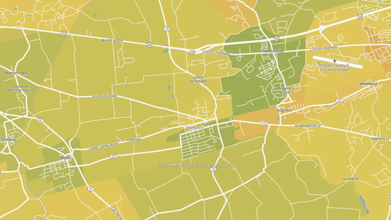 Map of the best neighborhoods in the 19365 area, with better matches in green and worse matches in red