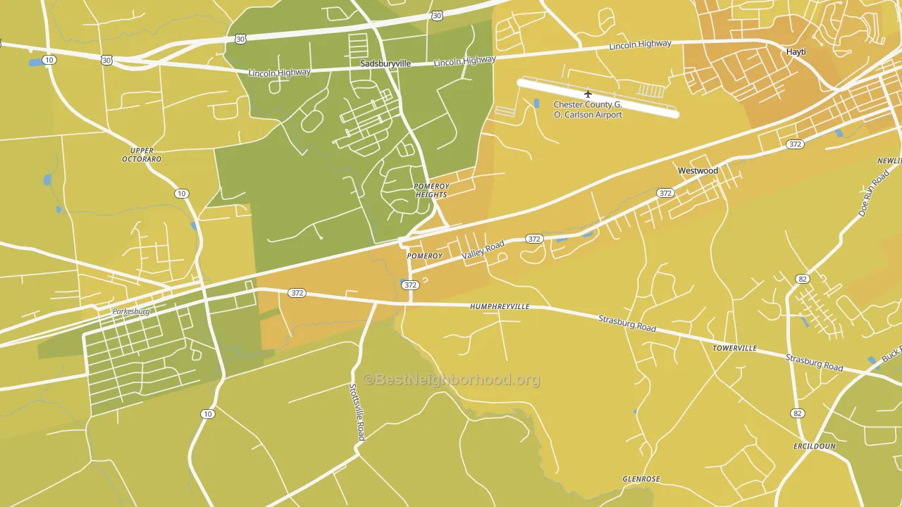 Map of the best neighborhoods in the 19367 area, with better matches in green and worse matches in red
