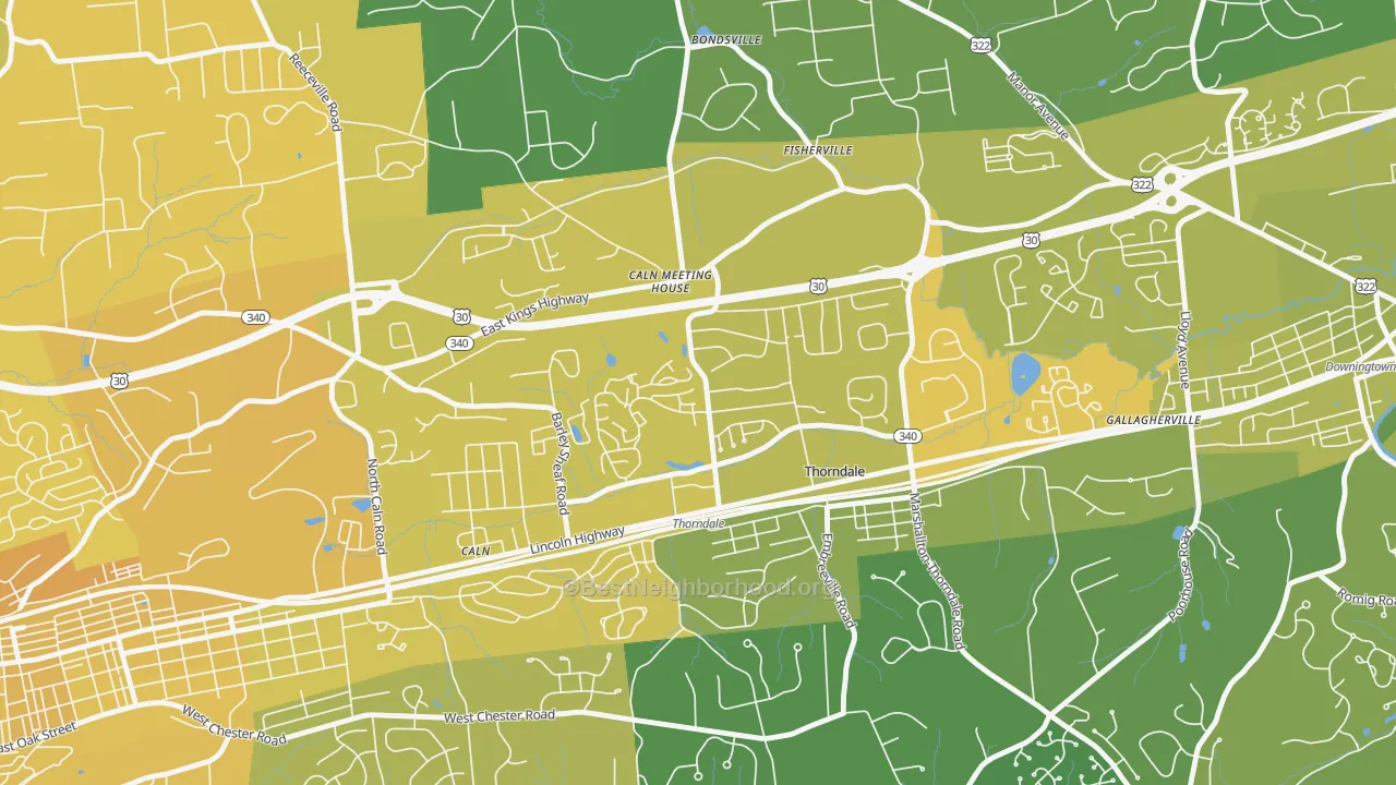 Map of the best neighborhoods in the 19372 area, with better matches in green and worse matches in red