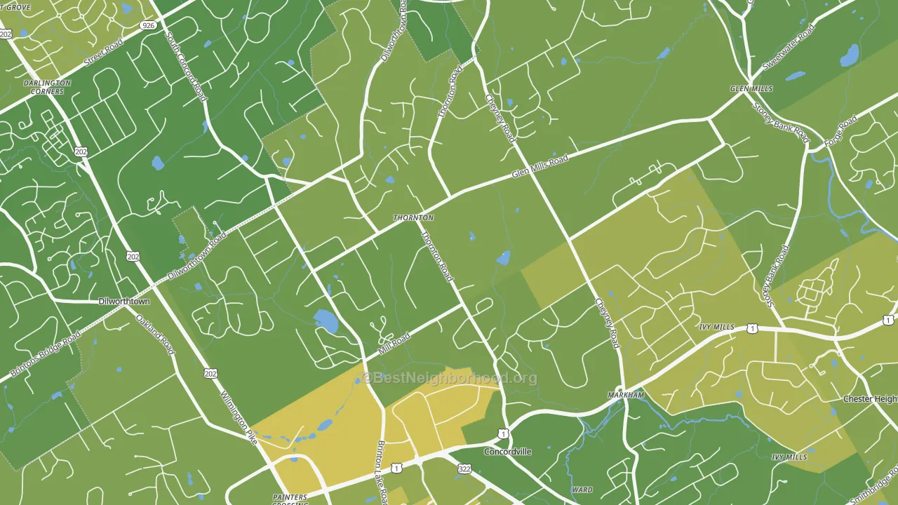 Map of the best neighborhoods in the 19373 area, with better matches in green and worse matches in red