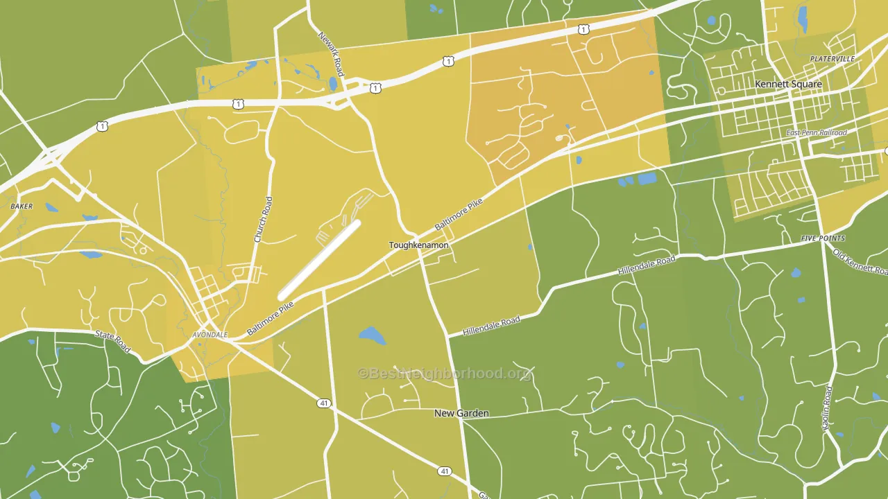 Map of the best neighborhoods in the 19374 area, with better matches in green and worse matches in red