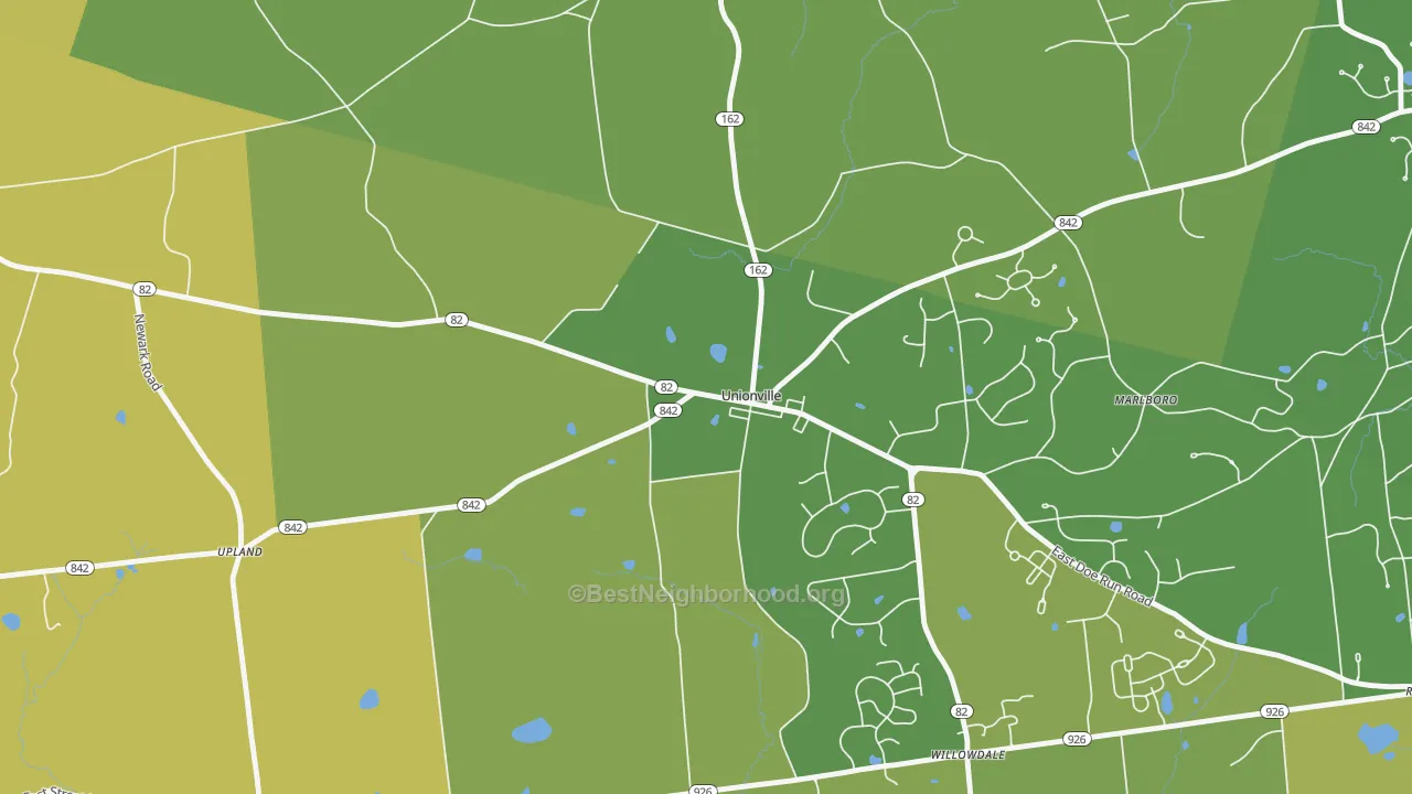 Map of the best neighborhoods in the 19375 area, with better matches in green and worse matches in red