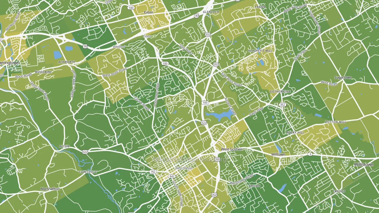 Map of the best neighborhoods in the 19380 area, with better matches in green and worse matches in red
