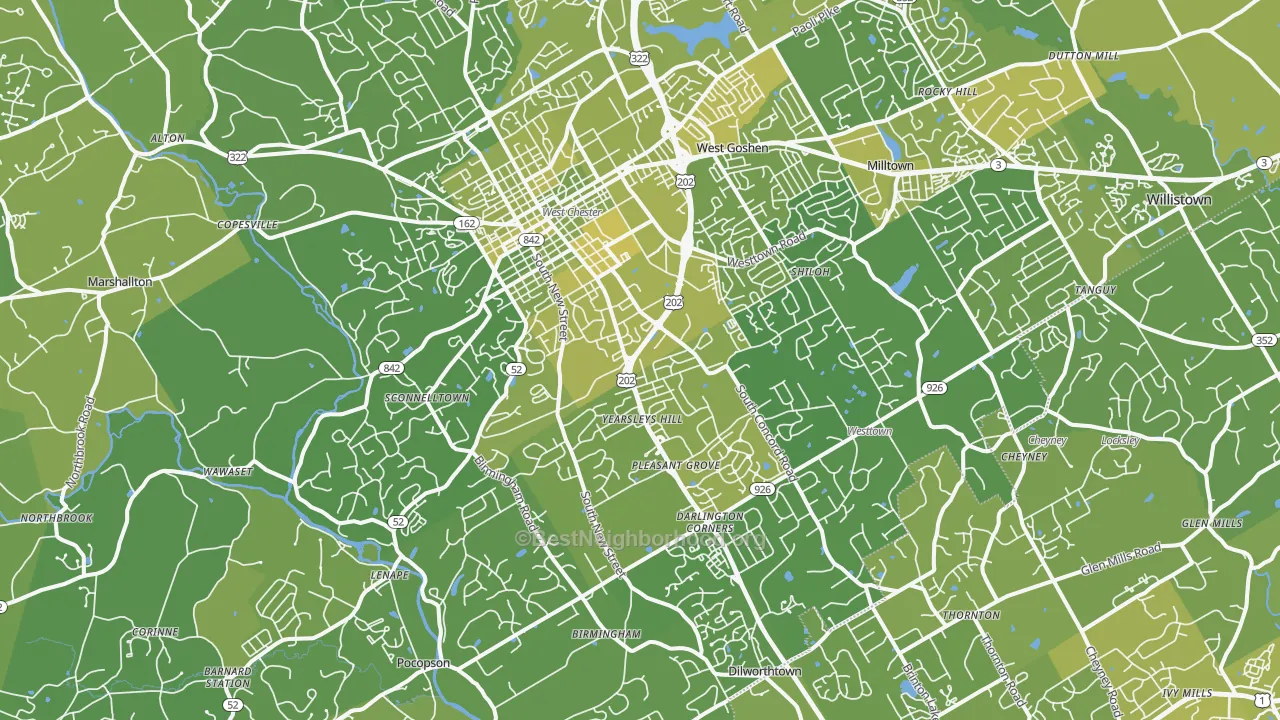 Map of the best neighborhoods in the 19382 area, with better matches in green and worse matches in red