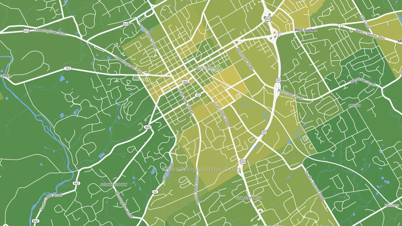 Map of the best neighborhoods in the 19383 area, with better matches in green and worse matches in red