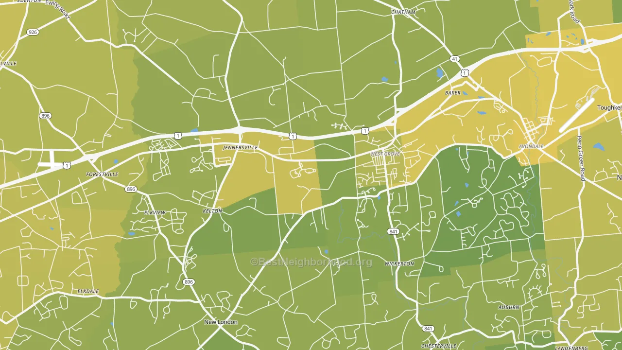 Map of the best neighborhoods in the 19390 area, with better matches in green and worse matches in red