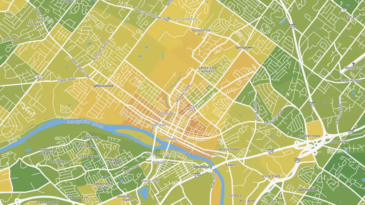 Map of the best neighborhoods in the 19401 area, with better matches in green and worse matches in red