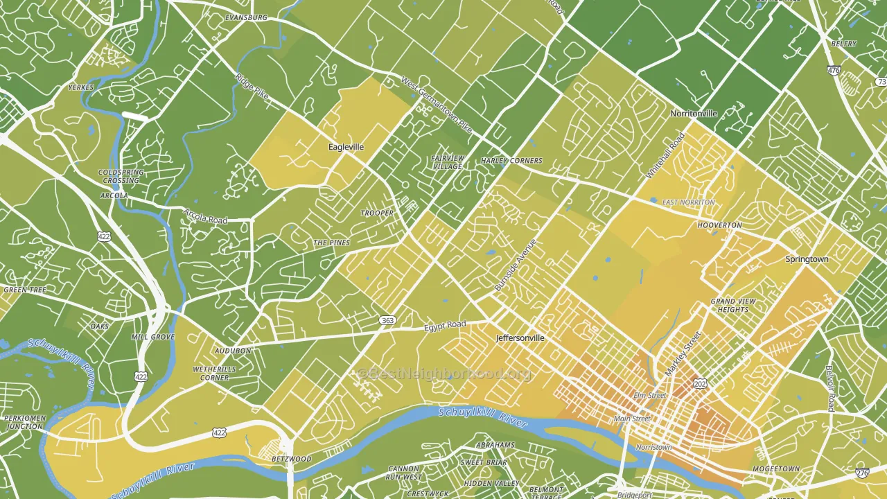 Map of the best neighborhoods in the 19403 area, with better matches in green and worse matches in red