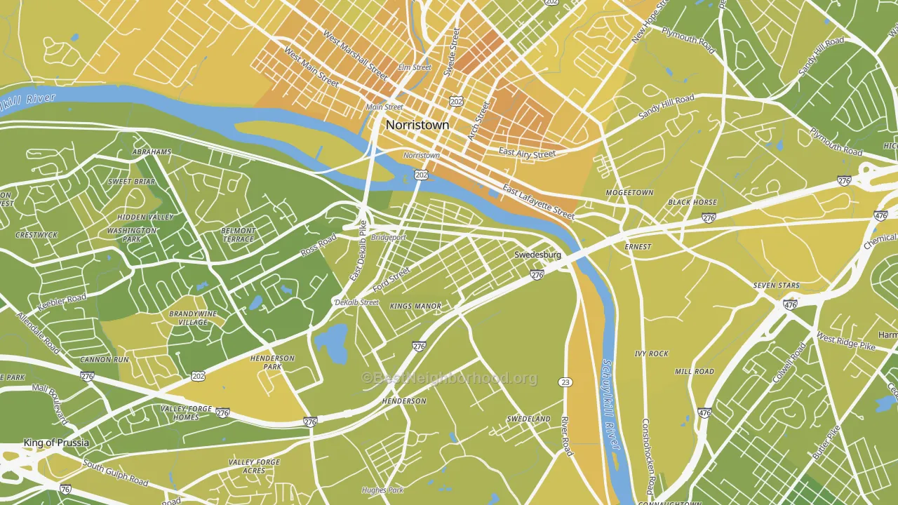 Map of the best neighborhoods in the 19405 area, with better matches in green and worse matches in red