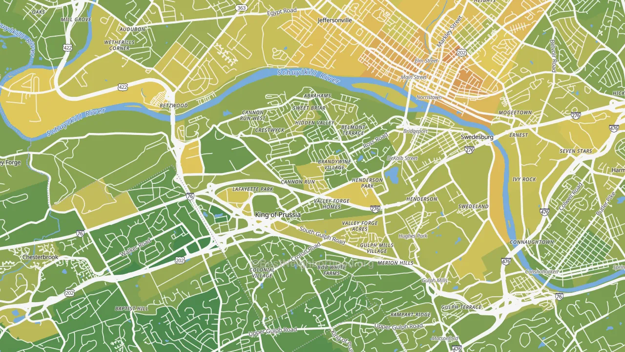 Map of the best neighborhoods in the 19406 area, with better matches in green and worse matches in red